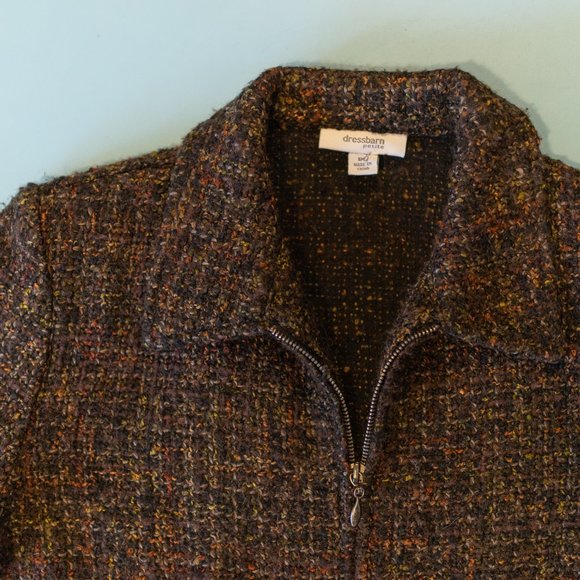 VINTAGE 90's DressBarn Wool Blend Tweed Knit Brown Textured Zip Front Jacket - Picture 3 of 4